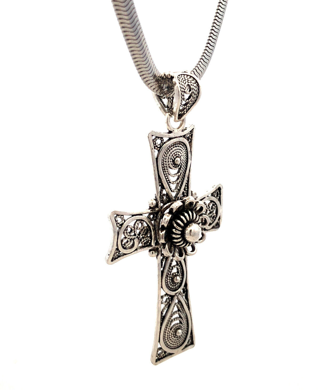 925 Sterling Silver Filigree Floral Cross Rope Chain Lariat Necklace