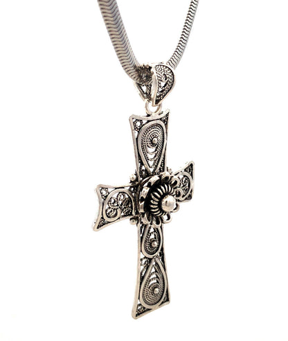 925 Sterling Silver Filigree Floral Cross Rope Chain Lariat Necklace