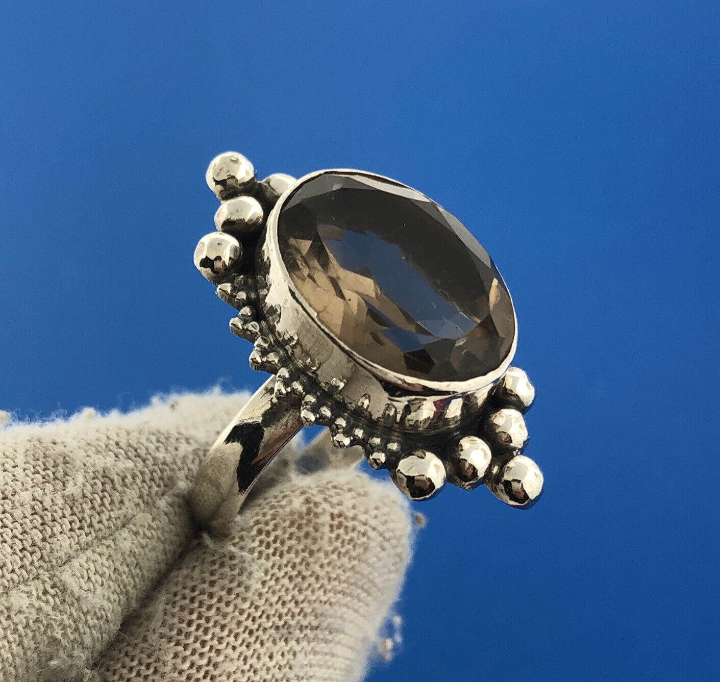 Stunning Sterling Silver 925 Oval Cut Grey Smoky Quartz Statement Ring Size 9