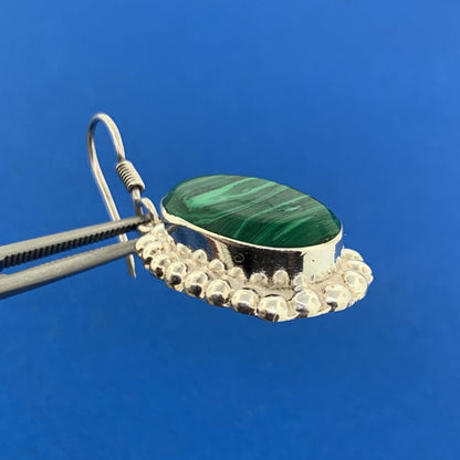 Vintage Taxco Mexico Designer Sterling Silver 925 Malachite Statement Earrings