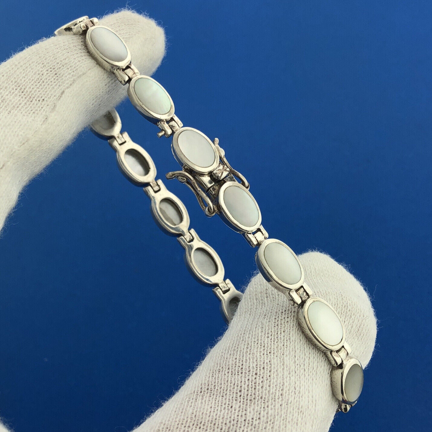 Designer 925 Sterling Silver Mother Of Pearl Cabochon Oval Panel Tennis Bracelet