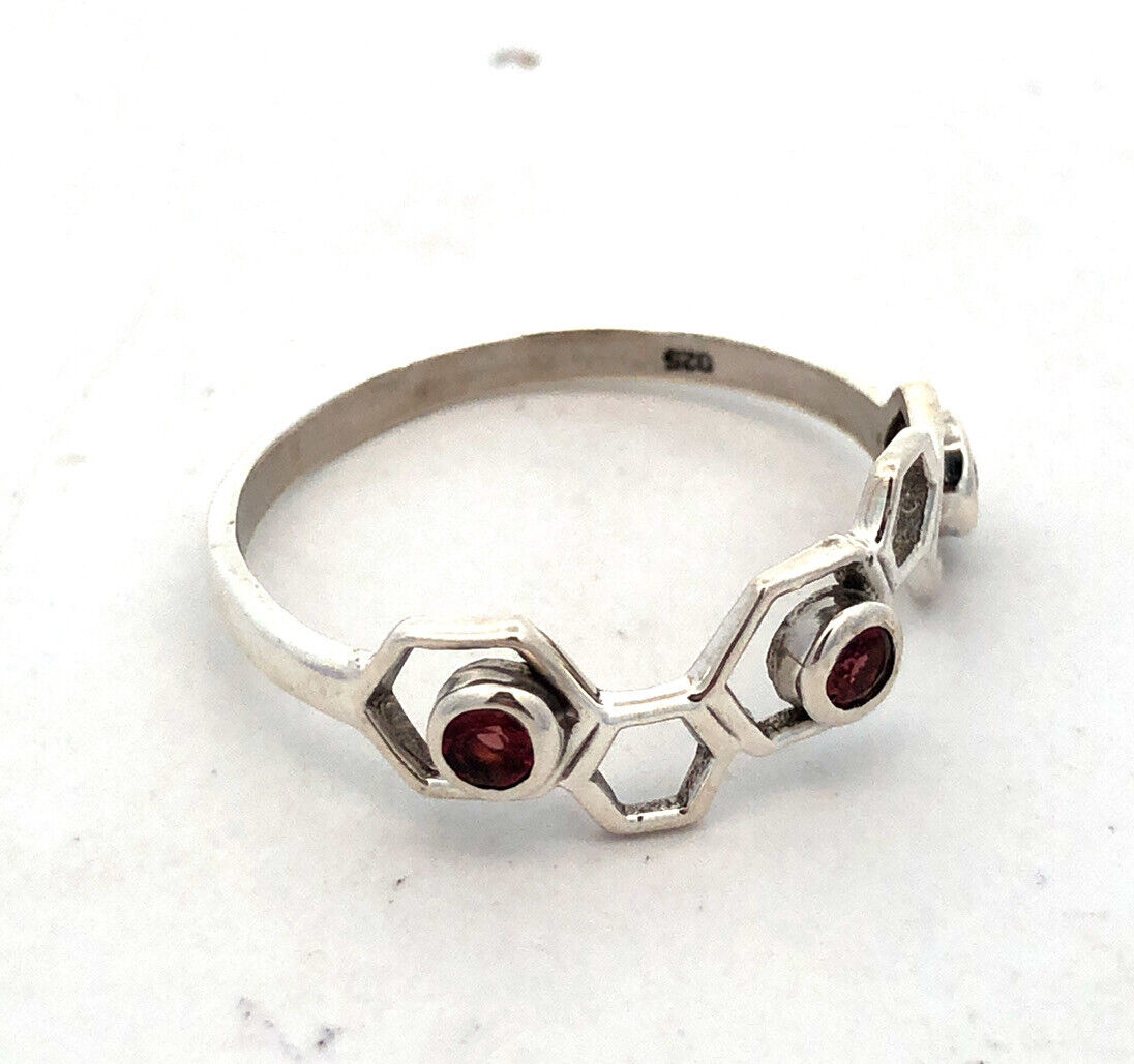 925 Sterling Silver Round Pink Tourmaline Honeycomb Hexagon Band Ring