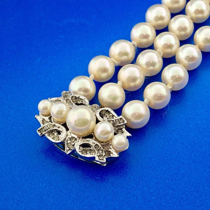 Vintage Silver Tone Hand Knotted Faux Pearl Rhinestone 3 Row Tennis Bracelet