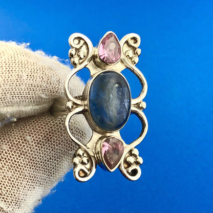 Lovely Sterling Silver 925 Blue Quartz Pink Crystal Floral Finger Ring Size 6.75