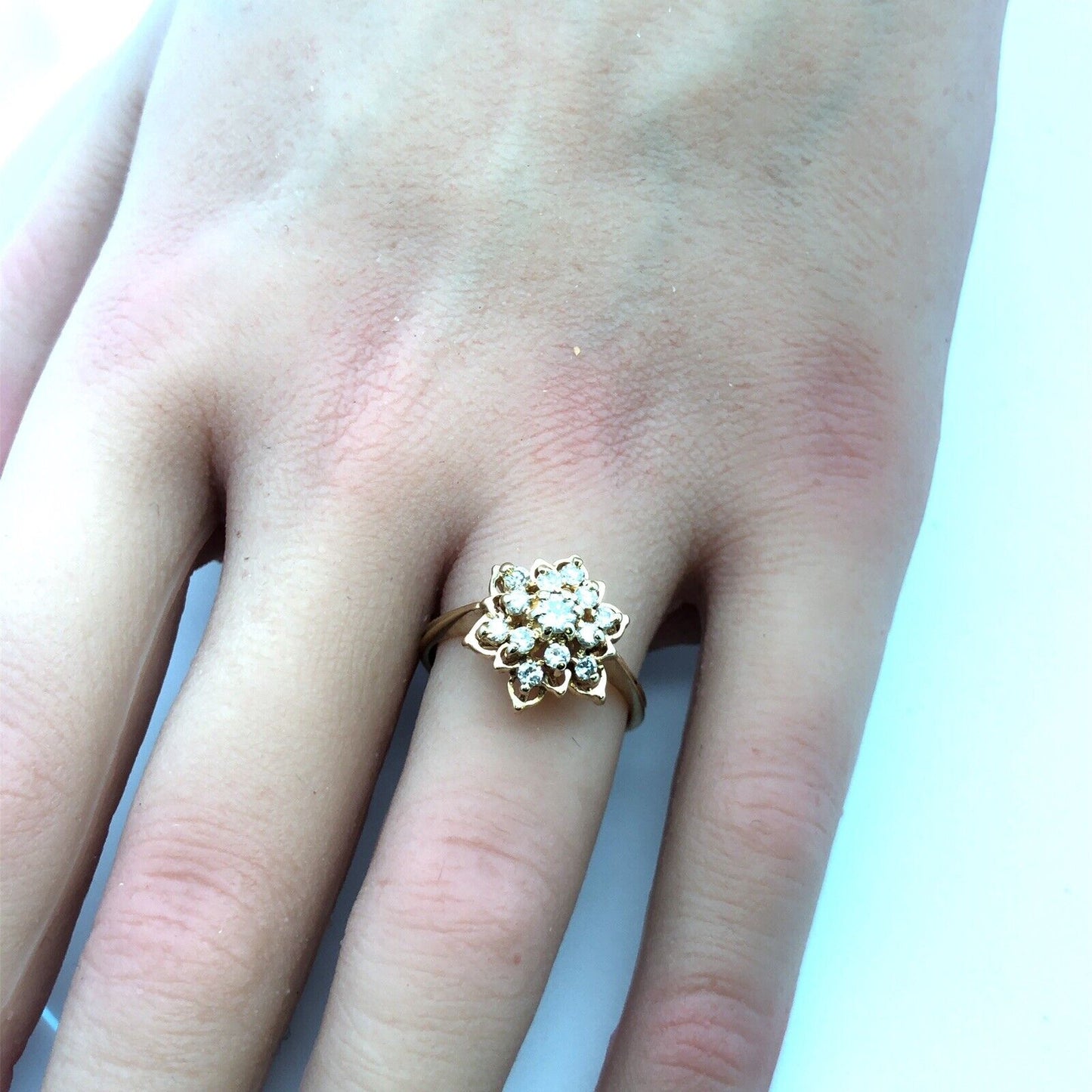 Vintage 14K Yellow Gold Round Diamond Cluster Flower Cocktail Ring