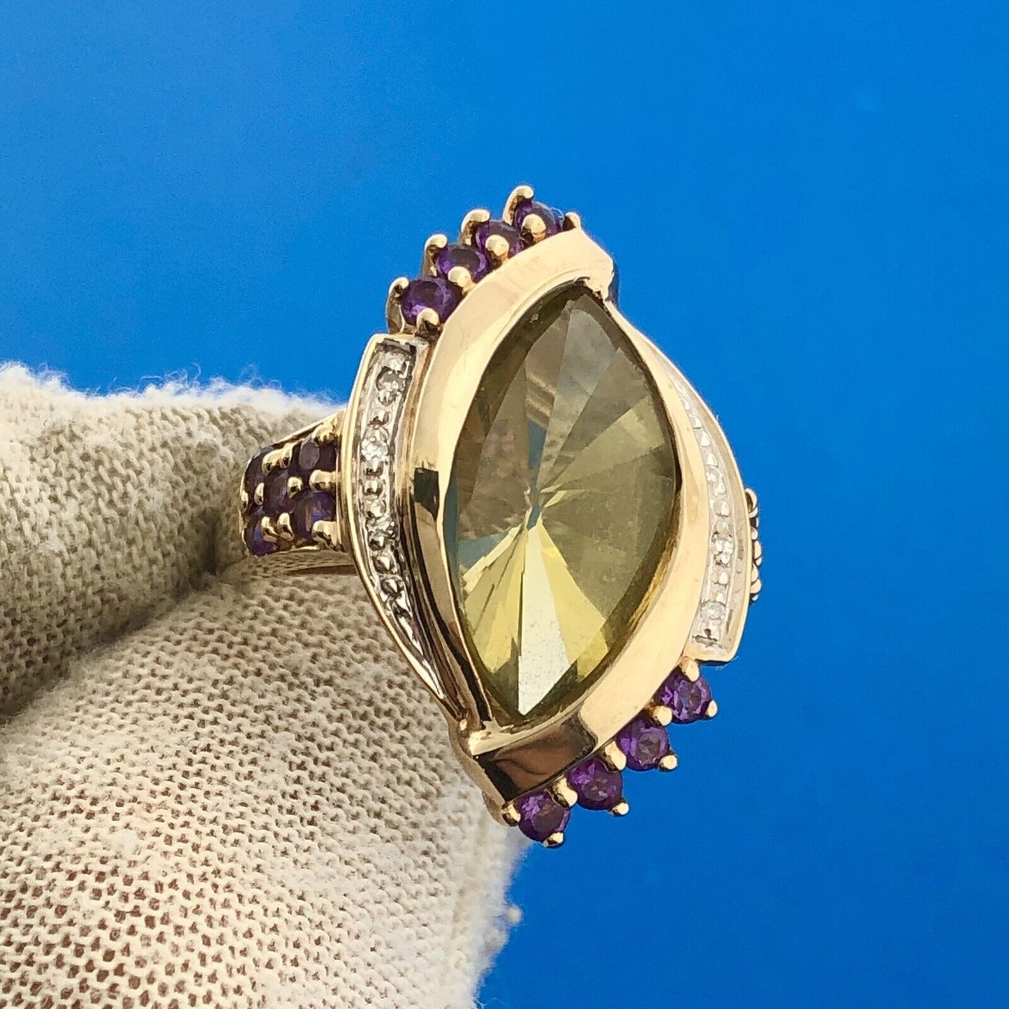 10k Yellow Gold Faceted Citrine Amethyst Diamond Accent Evil Eye Cocktail Ring