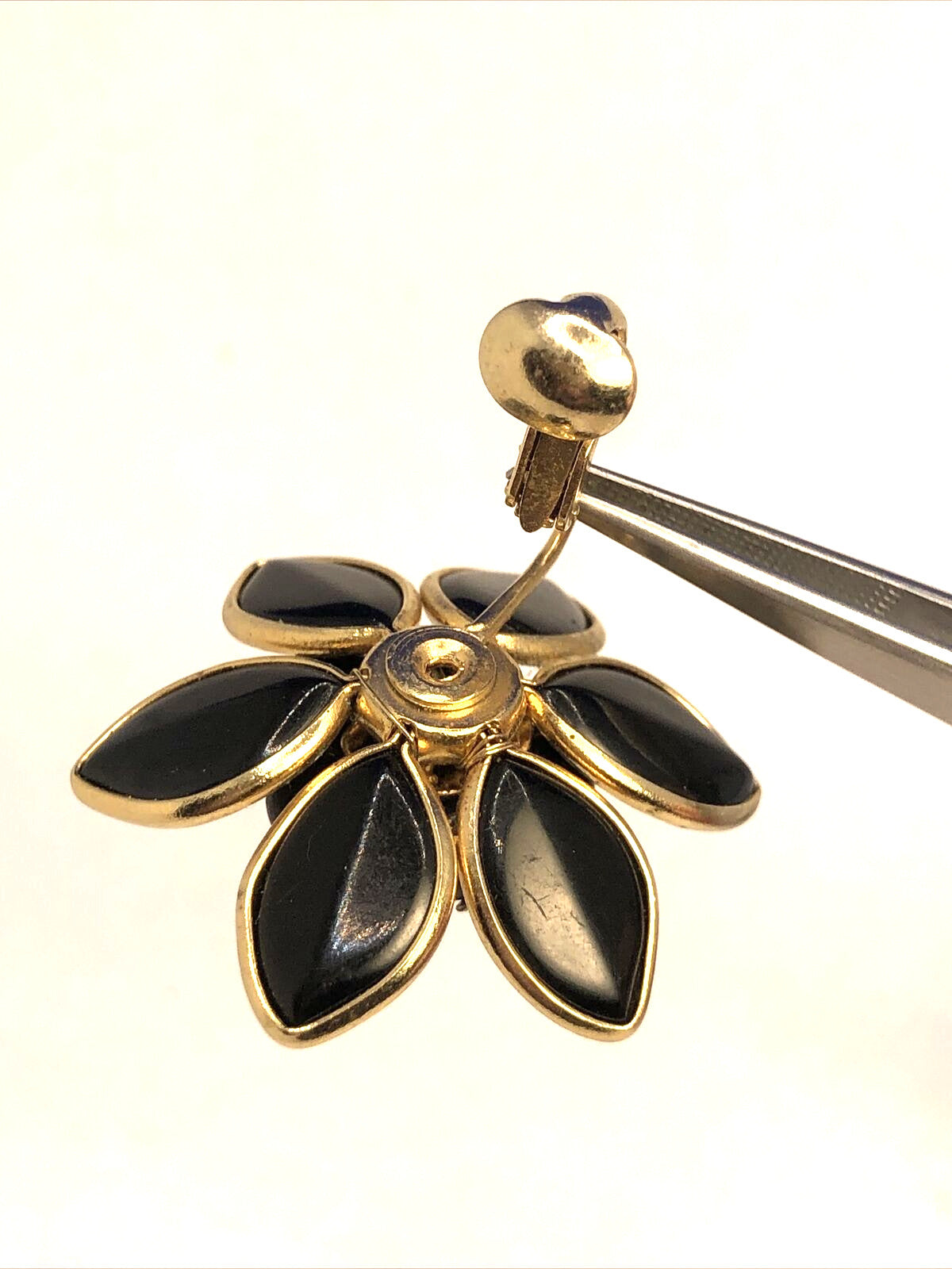 Designer Coro Gold-Tone Black Enamel Flower Statement Clip-on Stud Earrings