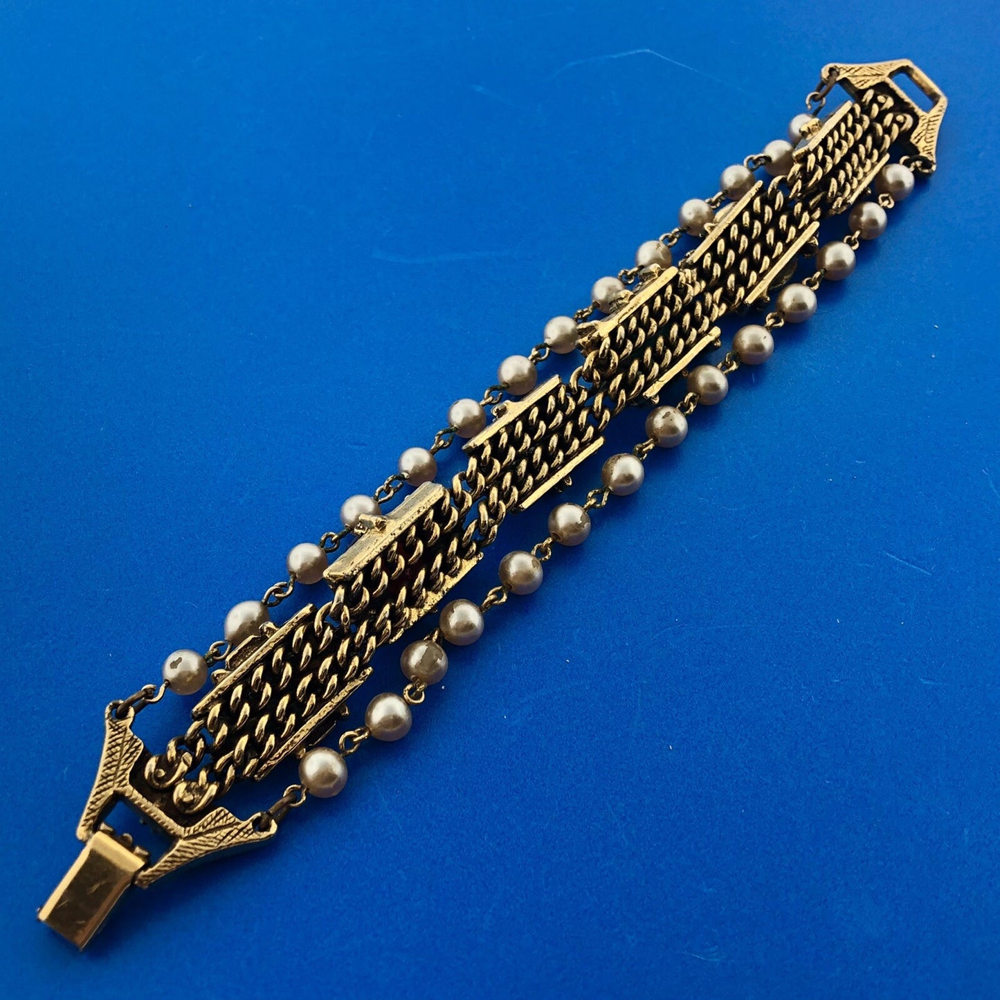 Vintage Gold Tone Faux Gem Pearl Cabochon Rhinestone Statement Panel Bracelet