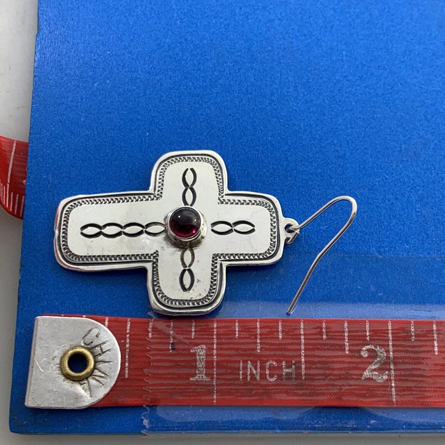 Don Lucas Native American 925 Sterling Silver Garnet Drop Dangle Concho Earrings