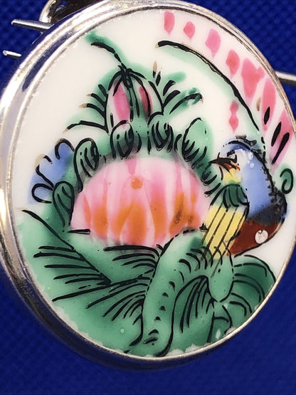 Designer Japanese 925 Sterling Silver Round Porcelain Hand Painted Pendant