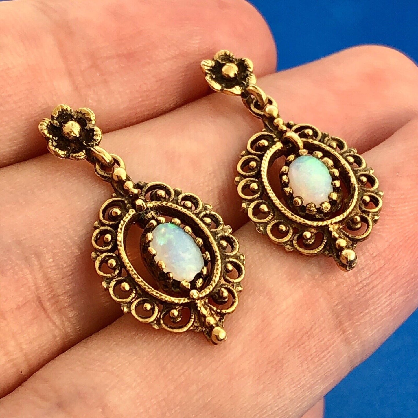 Art Deco 14K Yellow Gold Opal Bead Scroll Floral Open Work Drop Dangle Earrings