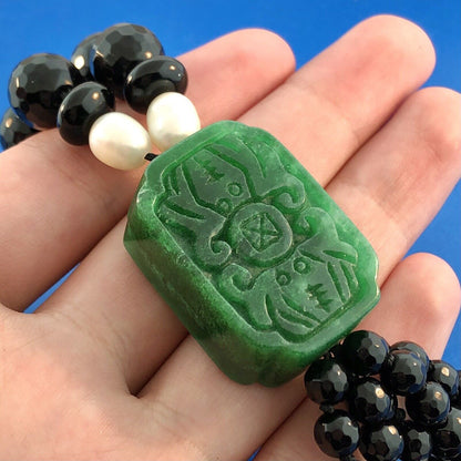 Art Deco Freshwater Pearl Black Jet Bead Carved Jade Jadeite Pendant Necklace