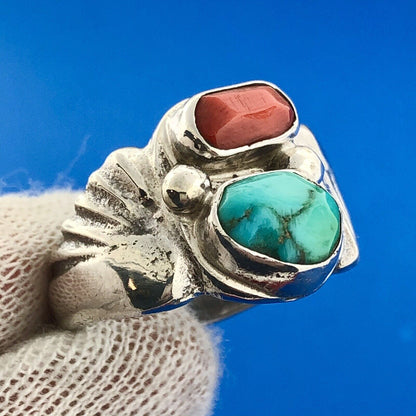 Stunning Sterling Silver 925 Chunky Turquoise Coral Wing Ring Size 10.5