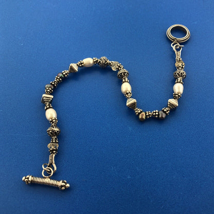 Artisan Sterling Silver 925 Pearl Crystal Bead Toggle Bracelet