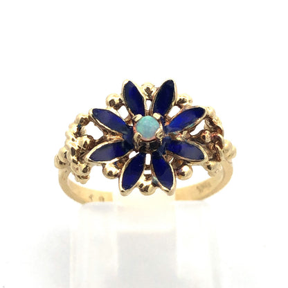 Vintage 14k Yellow Gold Opal and Blue Enamel Flower Ring