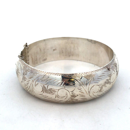 Vintage 925 Sterling Etched Engraved Vine Leaves Nature Hinged Bangle Bracelet