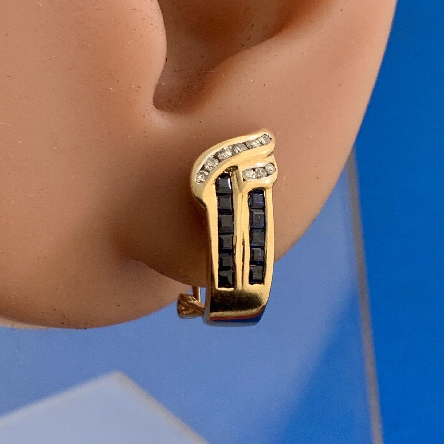 14K Yellow Gold Sapphire Diamond Omega Back Stud Earrings