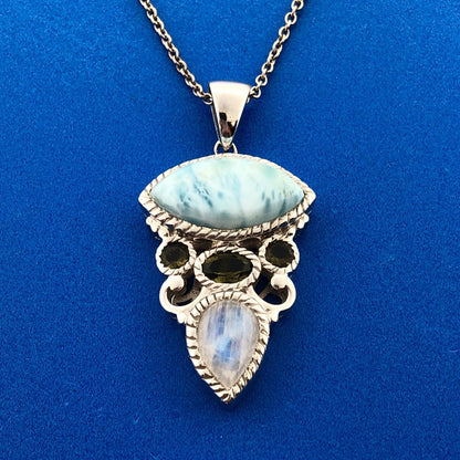 Designer Sterling Silver 925 Blue Agate Peridot Moonstone Drop Pendant Necklace