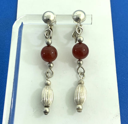 Vintage Carnelian Bead 925 Sterling Silver Dangle Clip On Earrings