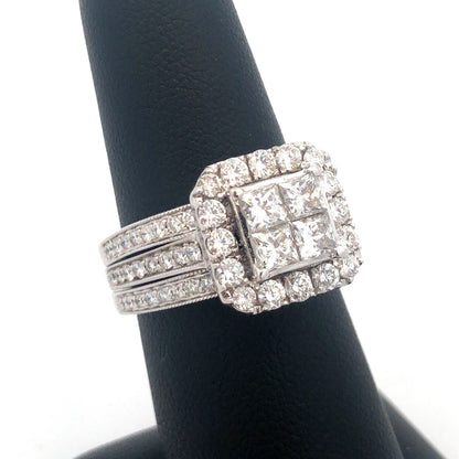 Designer 14k White Gold Princess Invisible Set Diamond Round Wedding Ring Set