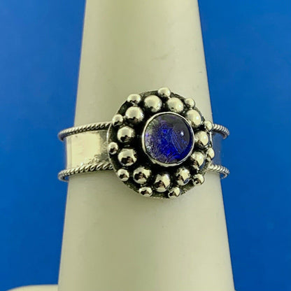 Unique 925 Sterling Silver Blue Glass Stone Round Cocktail Size 6.5 Ring