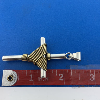 Vintage Mexico Sterling Silver Brass Wrapped Religious Statement Cross Pendant