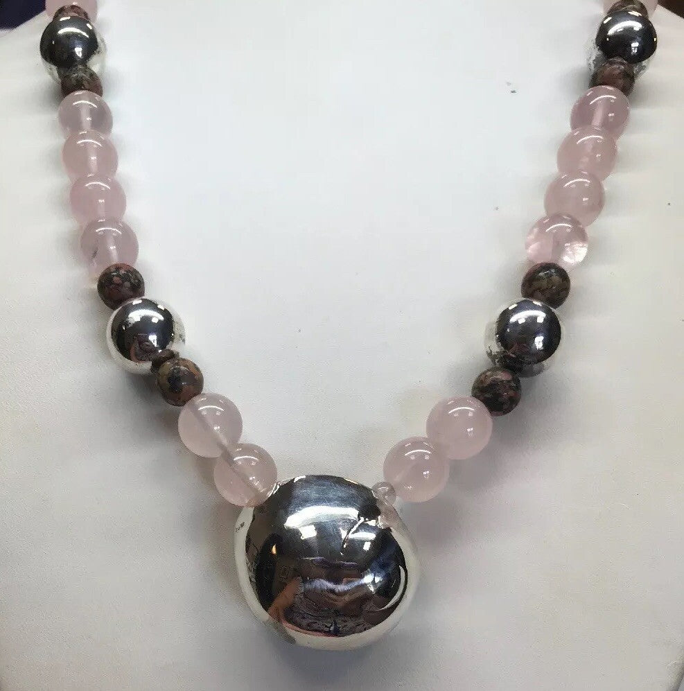 Mignon Faget 925 Sterling Silver Rose Quartz Jasper Bead Moon Snail Necklace