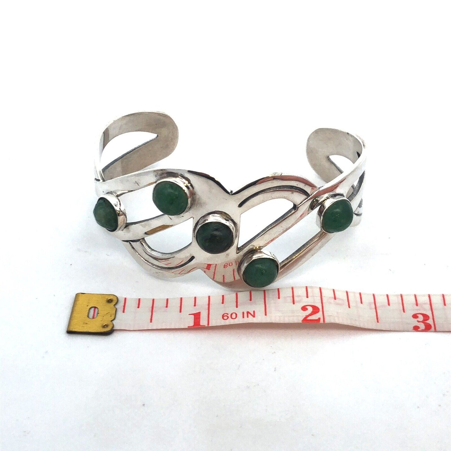 Mid Century Taxco 925 Sterling Silver Modernist Green Tourmaline Cuff Bracelet