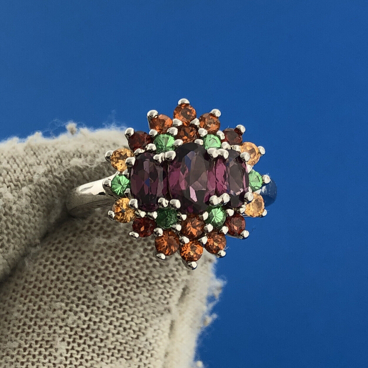 Sterling Silver Pink Tourmaline Peridot Citrine Cluster Cocktail Ring