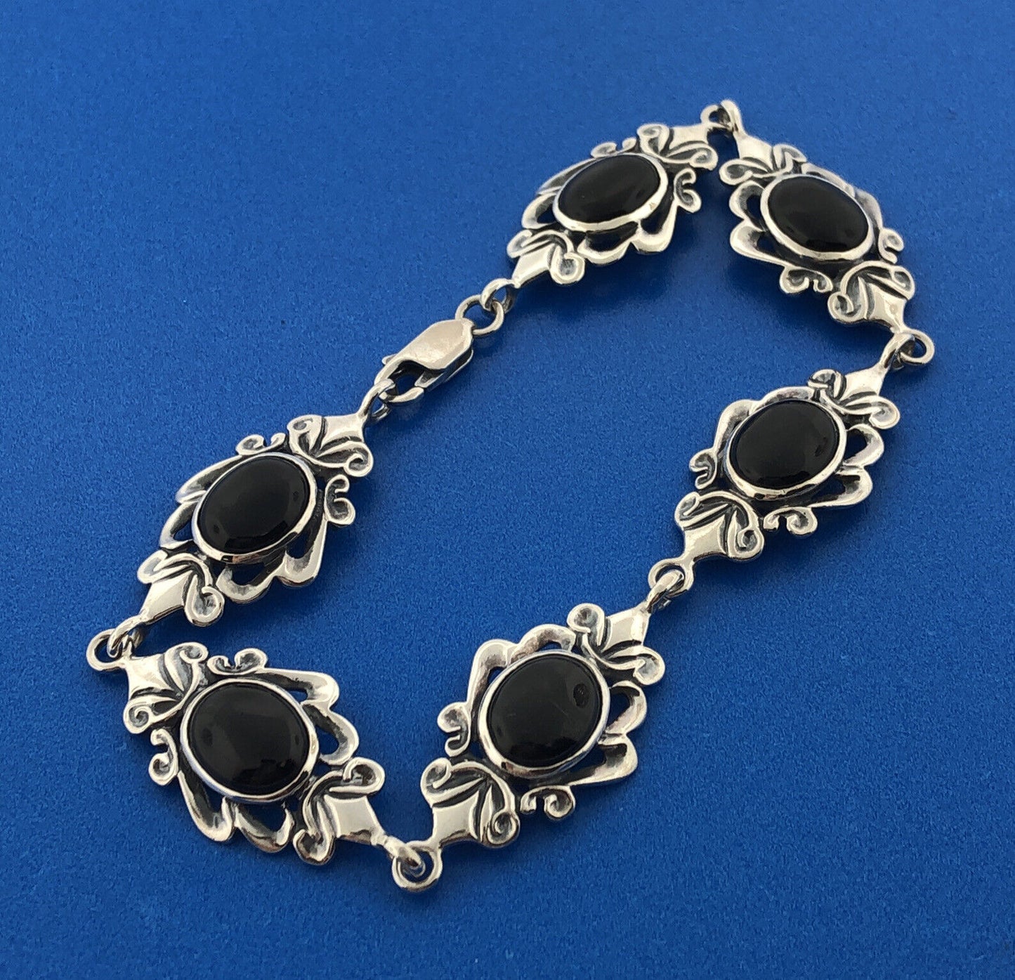 Estate Designer Sterling Silver 925 Black Onyx Scroll Panel Link Bracelet