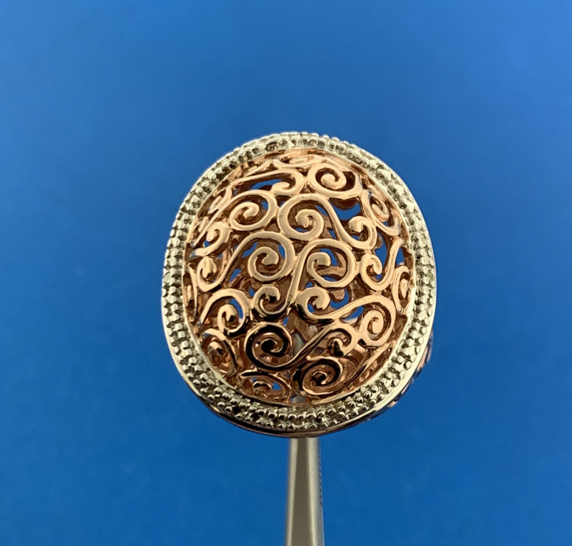Designer Sterling Silver Rose Vermeil Two Tone Open Scroll Statement Dome Ring