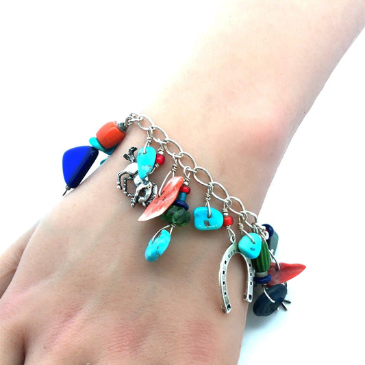 Native American 925 Sterling Silver Multistone Charm Statement Bracelet