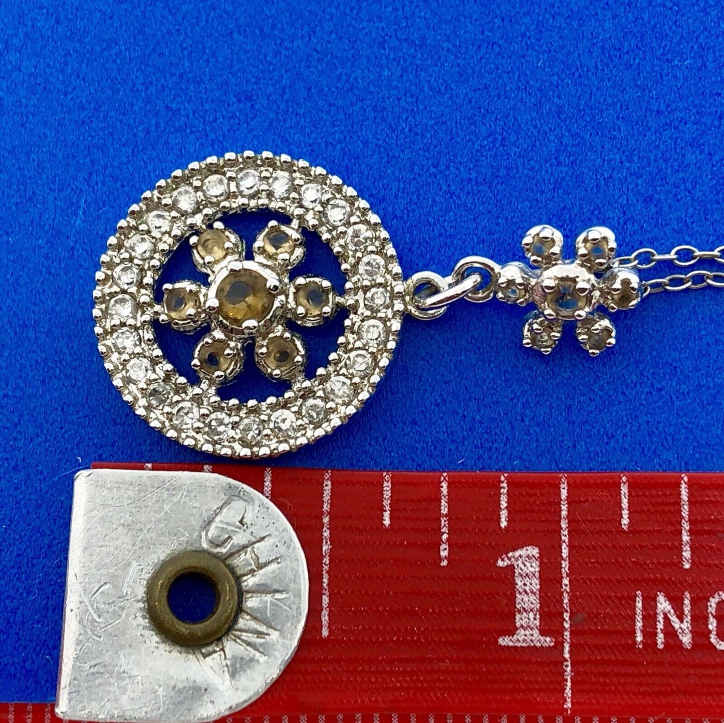 Designer 925 Sterling Silver Topaz Diamond Floral Double Drop Pendant Necklace