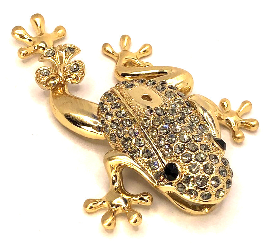 Estate Andrew Hamilton Crawford Rhinestone Gold Tone 3D Frog Statement Pendant