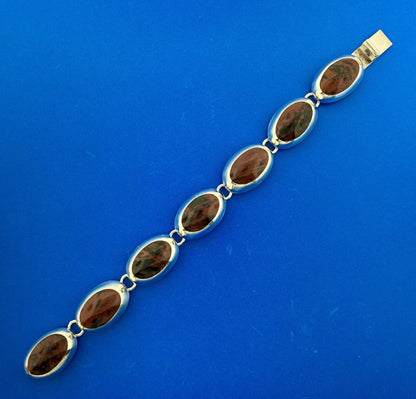 Taxco Mexico 925 Sterling Silver Oval Mahogany Obsidian Cabochon Panel Bracelet