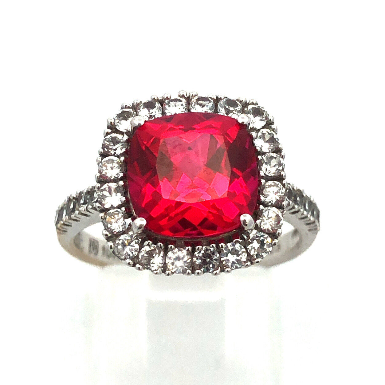 10k White Gold Lab Created Ruby Diamond Halo Engagement Anniversary Ring