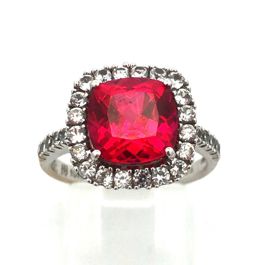 10k White Gold Lab Created Ruby Diamond Halo Engagement Anniversary Ring