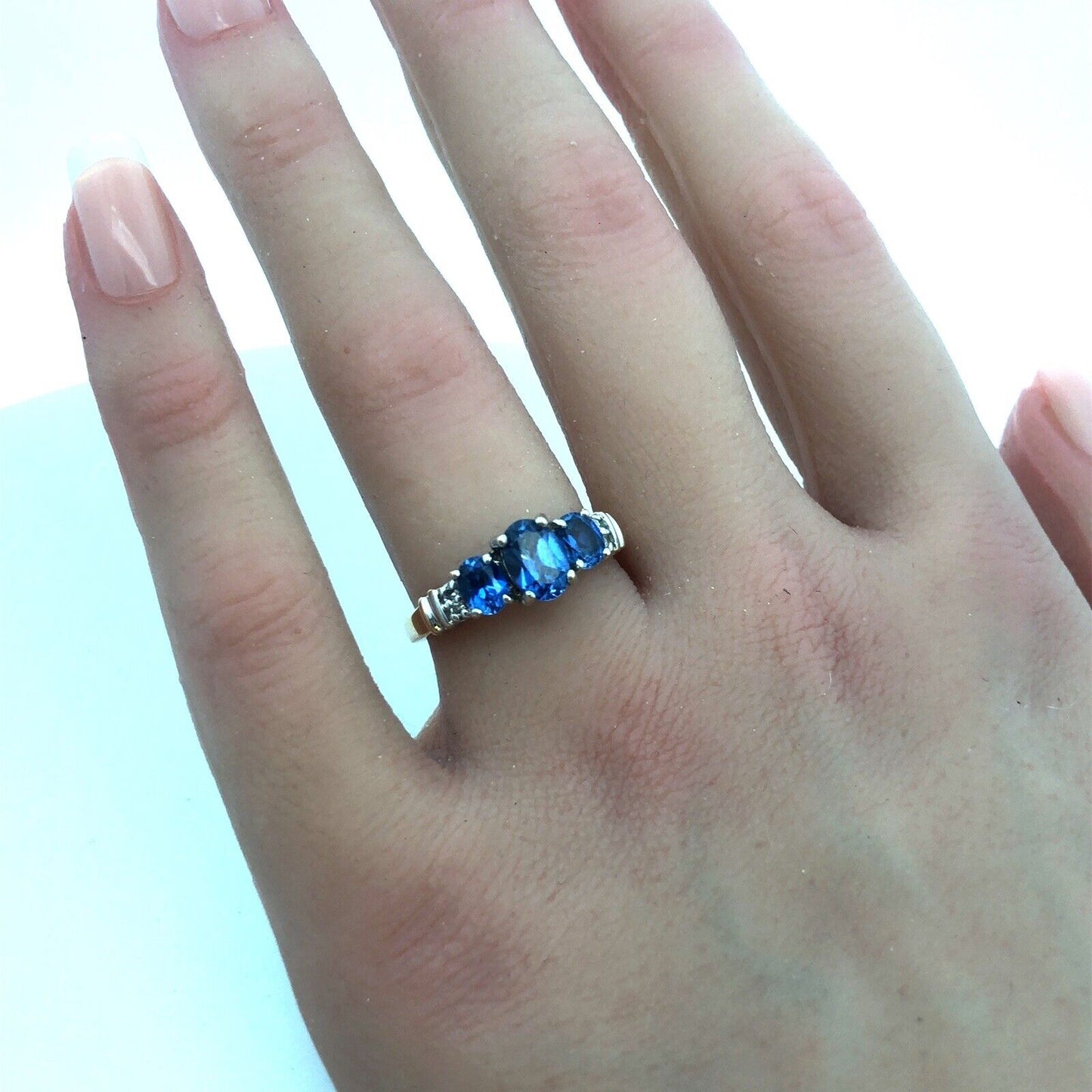 Designer JML 10K Yellow Gold Oval Tanzanite Trio Diamond Engagement Promise Ring