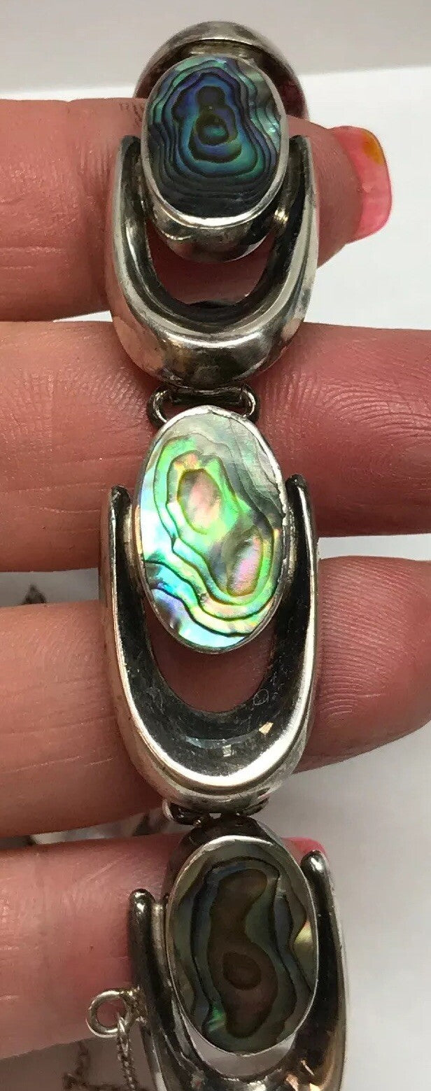 Vintage Artisan ND Sterling Silver 925 Abalone Shell Horse Shoe Link Bracelet