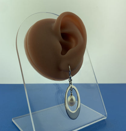 Stunning Sterling Silver 925 White Pearl Open Oval Hook Dangle Earrings