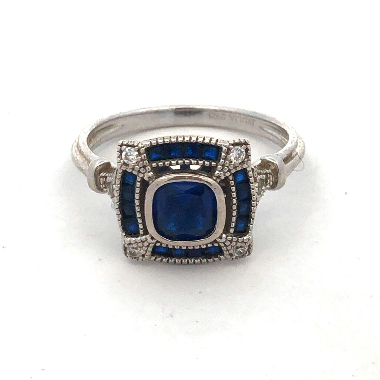 Designer Jeulia 925 Sterling Silver Blue Sapphire CZ Square Anniversary Ring