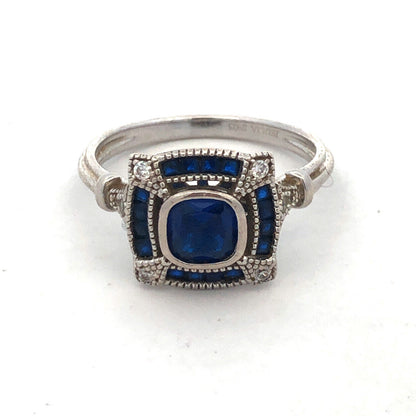 Designer Jeulia 925 Sterling Silver Blue Sapphire CZ Square Anniversary Ring