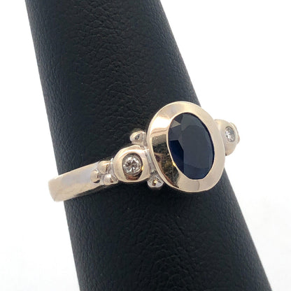 14K White Gold Oval Sapphire Solitaire Diamond Accent Modernist Anniversary Ring