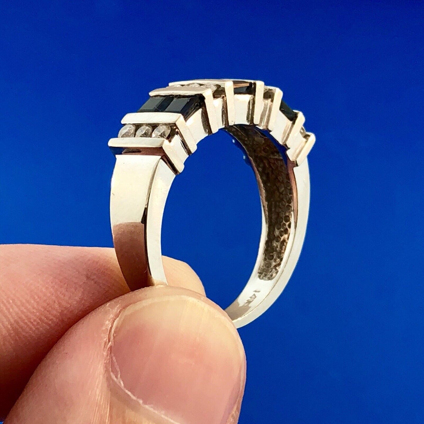 Retro Designer 14K White Gold Diamond Sapphire Channel Set Tapered Band Ring