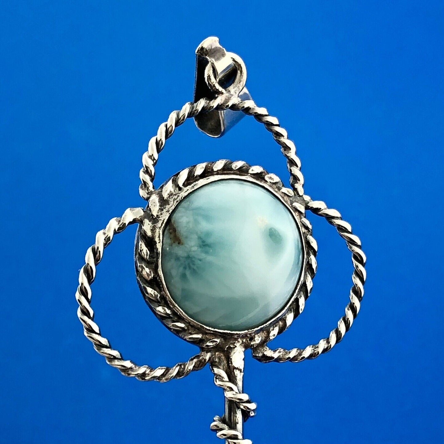 Retro 925 Sterling Silver Larimar Pectolite Skeleton Key Statement Pendant