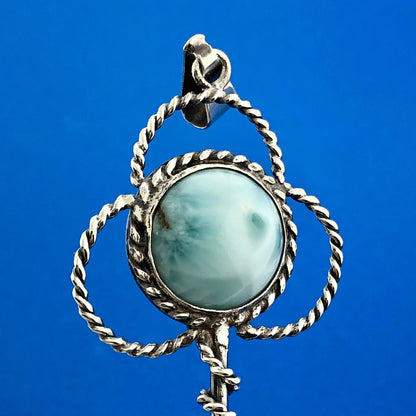 Retro 925 Sterling Silver Larimar Pectolite Skeleton Key Statement Pendant