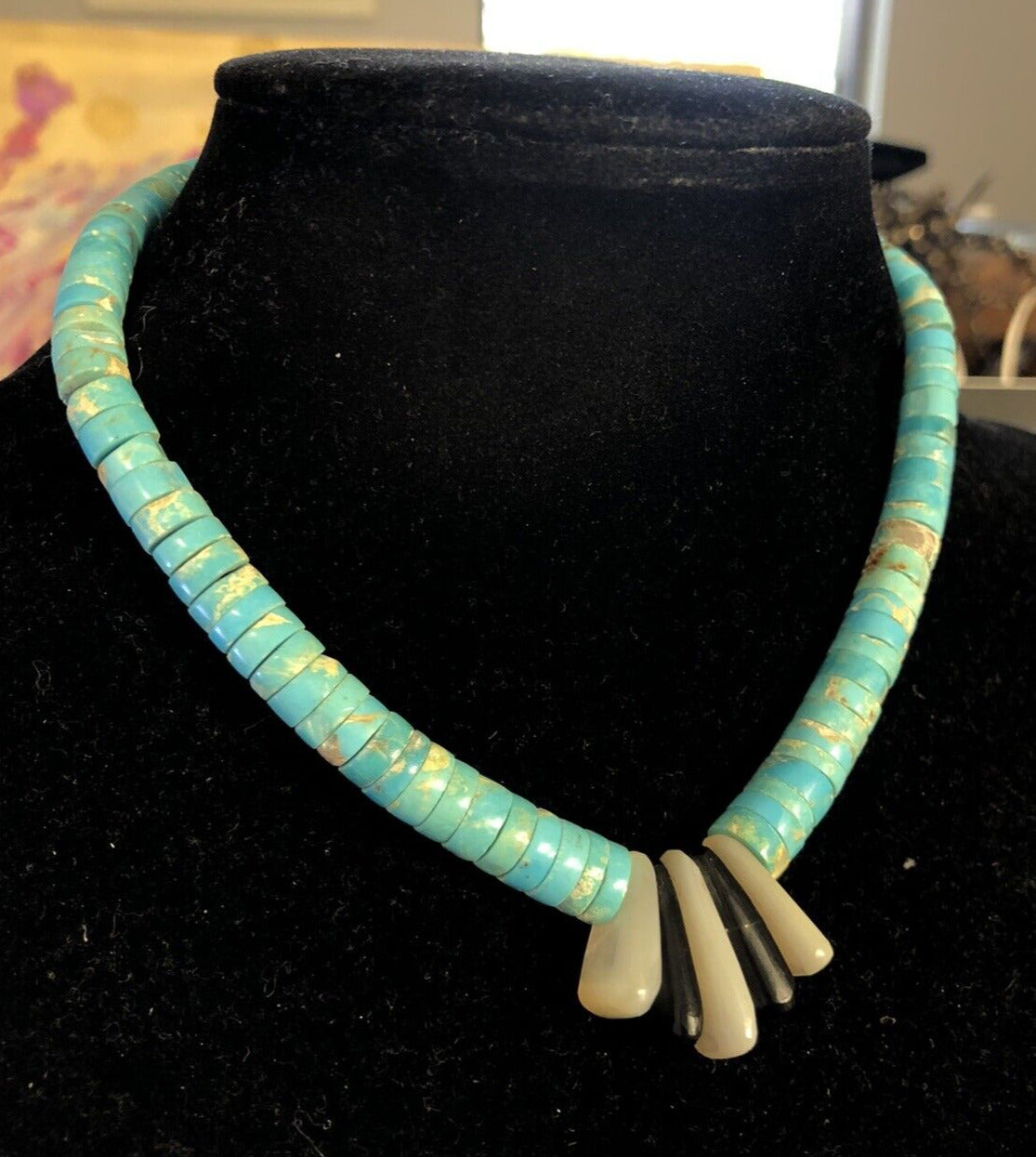 Vintage Silver Tone Turquoise Black Onyx Mother Of Pearl Choker Necklace