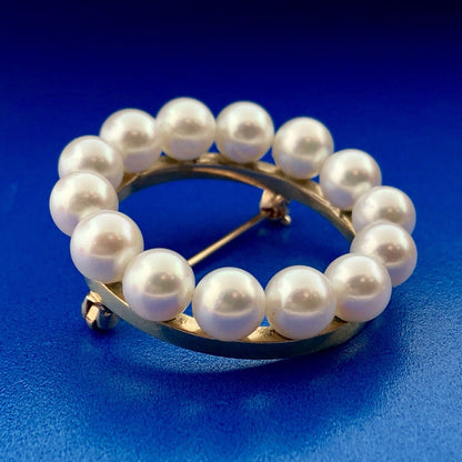 Vintage 14K Yellow Gold 6 MM Pearl Wreath Pin Brooch Pendant