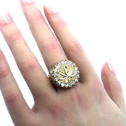 10K Yellow Gold CZ Nugget Weed Leaf Marijuana Cannabis Stoners Unisex Ring