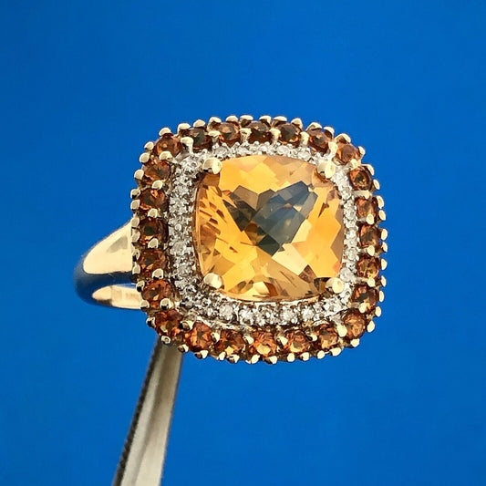 Designer 14K Yellow Gold Citrine Diamond Citrine Halo Statement Anniversary Ring